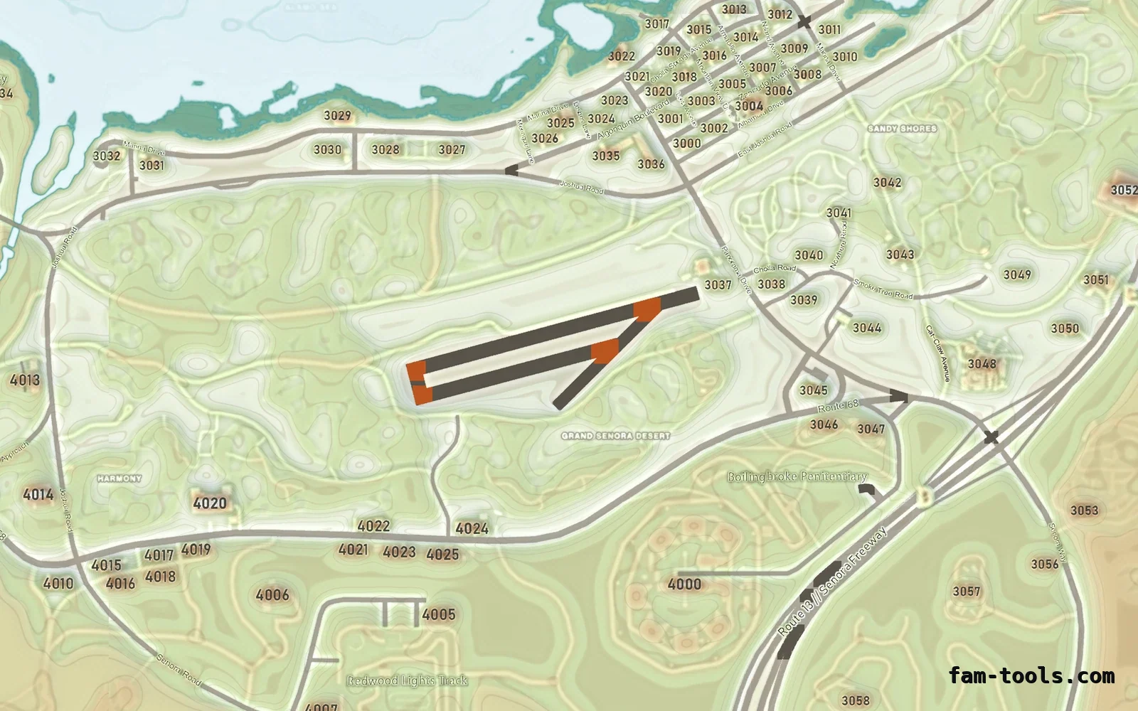 Mixed light TOPO DAY FiveM-compatible minimap for GTA 5 — with postal codes — showing Sandy Shores and the desert