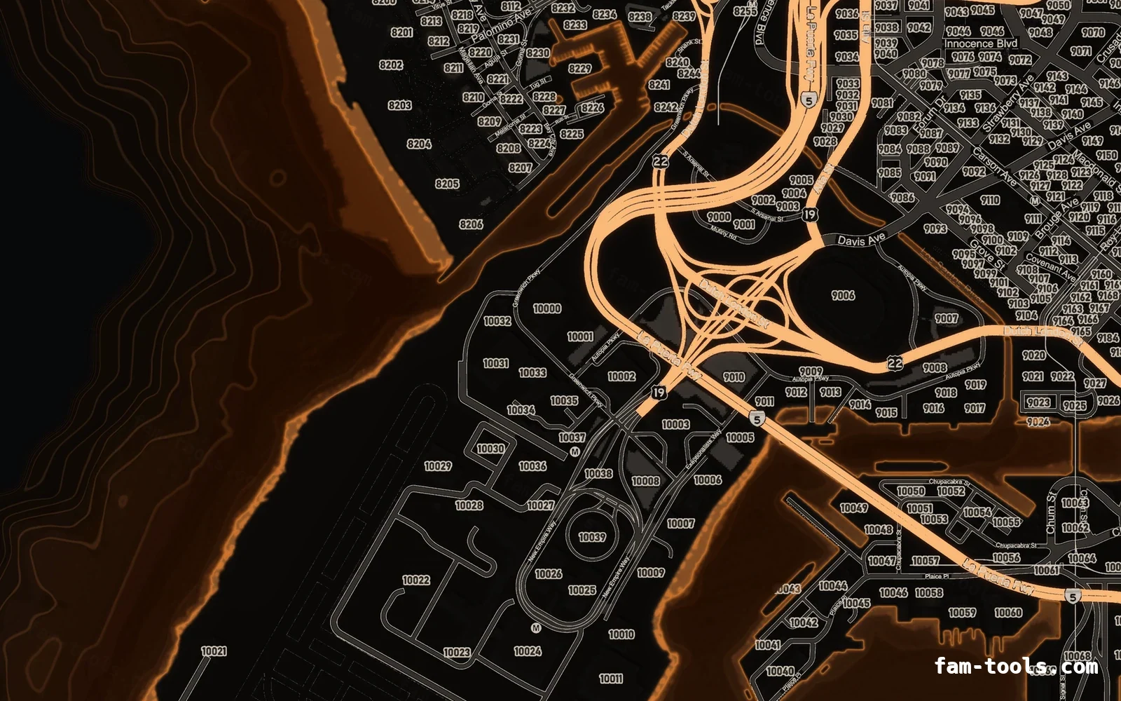 Orange minimap — Harbour Orange EMBER FiveM-compatible minimap for GTA 5 — google style — showing the harbour and industrial docks