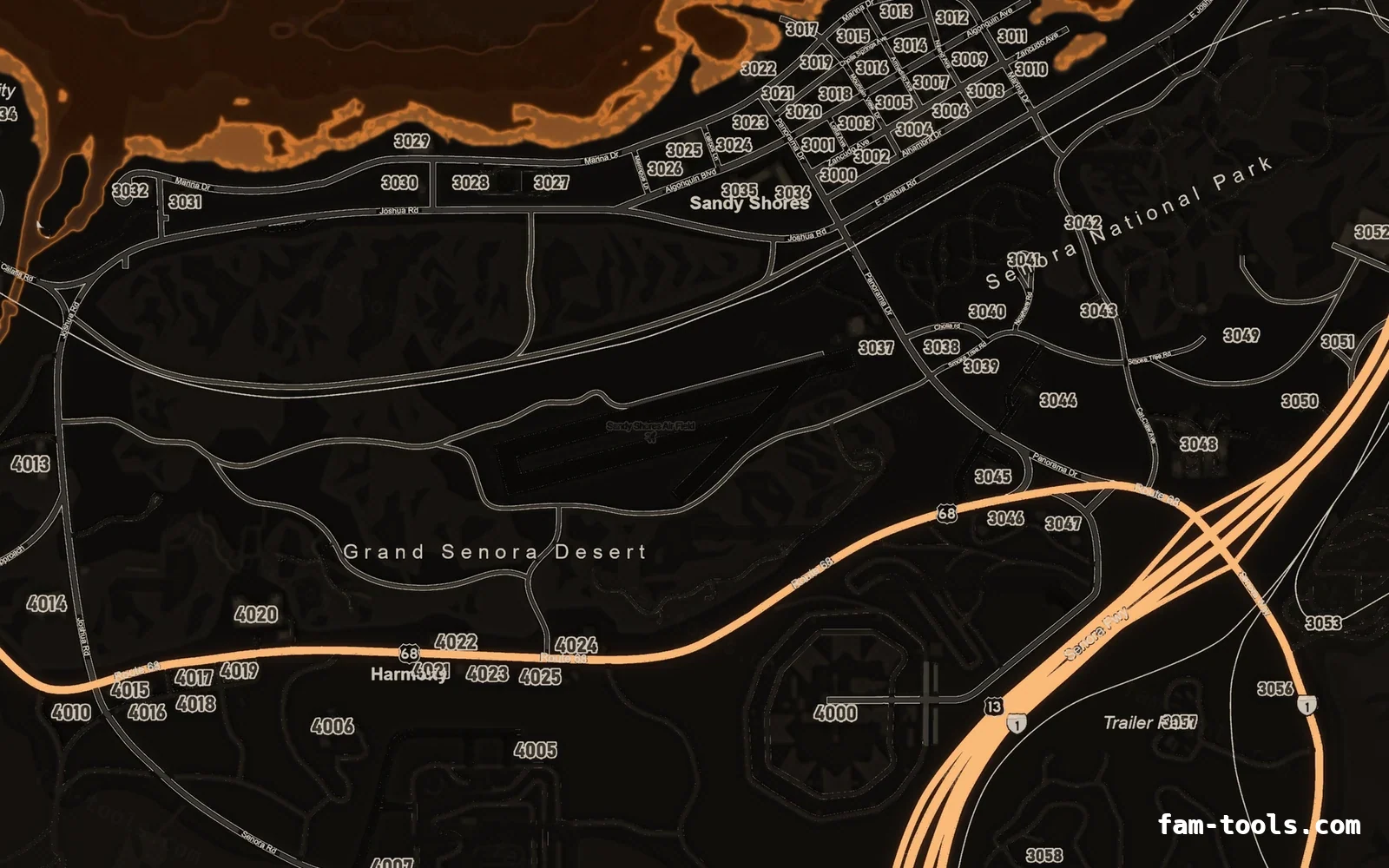 Orange minimap — Sandy Shores Orange EMBER FiveM-compatible minimap for GTA 5 — google style — showing Sandy Shores and the desert