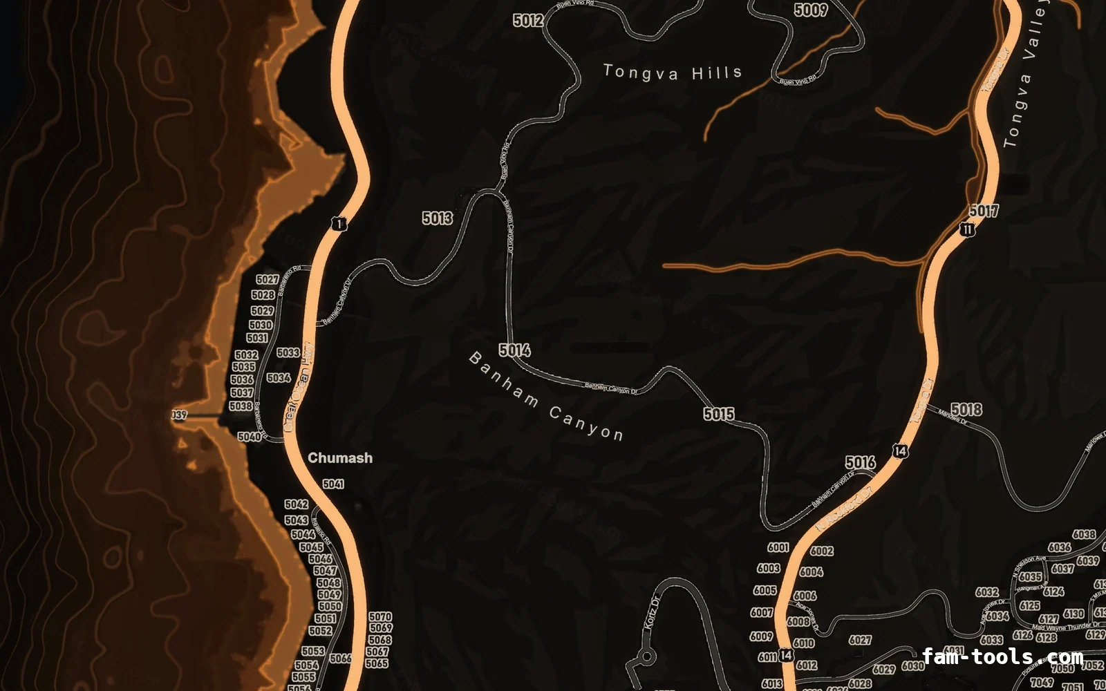 Orange minimap — West coast Orange EMBER FiveM-compatible minimap for GTA 5 — google style — showing the west coast and depth contours
