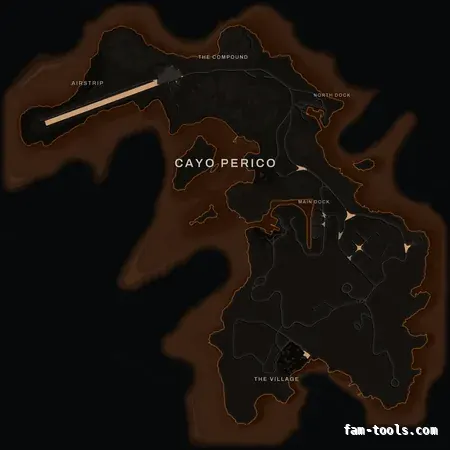 Orange EMBER Cayo Perico FiveM-compatible minimap for GTA 5 — optional island add-on in the same palette, without postal codes