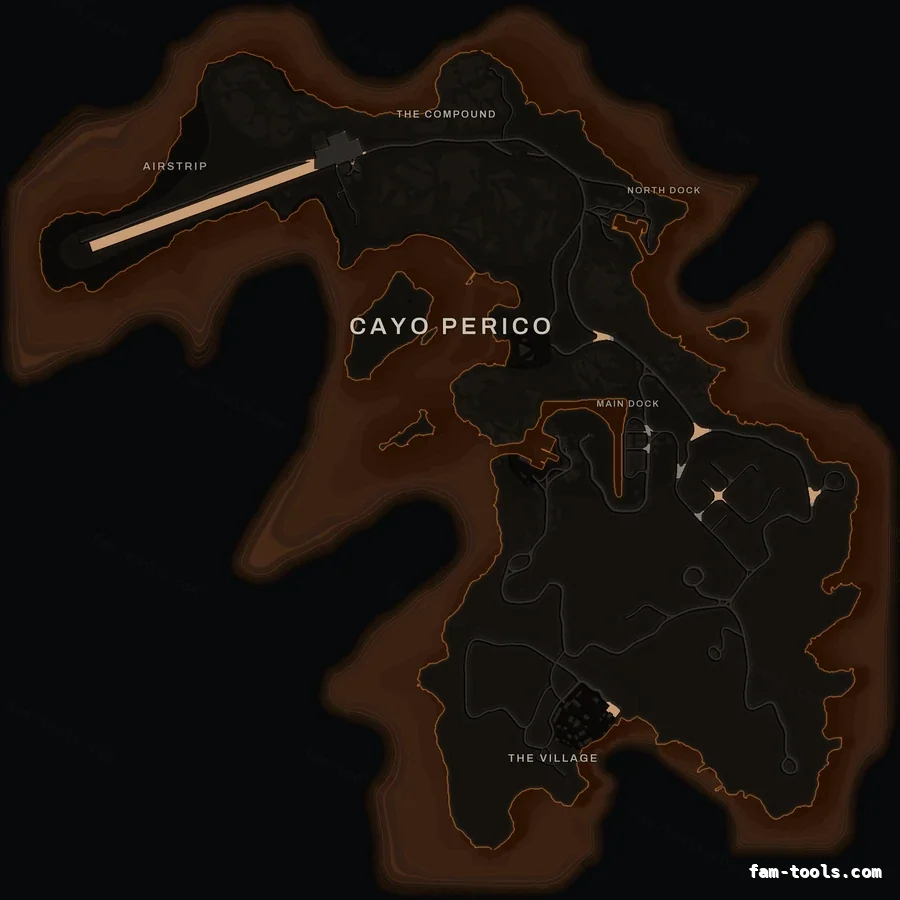 Orange EMBER Cayo Perico FiveM-compatible minimap for GTA 5 — optional island add-on in the same palette, without postal codes