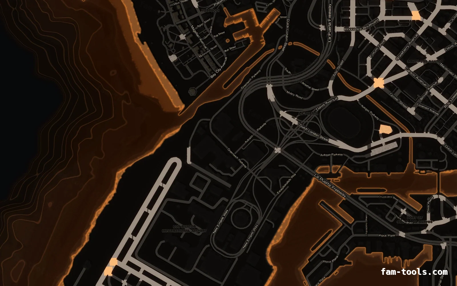 Orange EMBER FiveM-compatible minimap for GTA 5 — without postal codes — showing the harbour and industrial docks