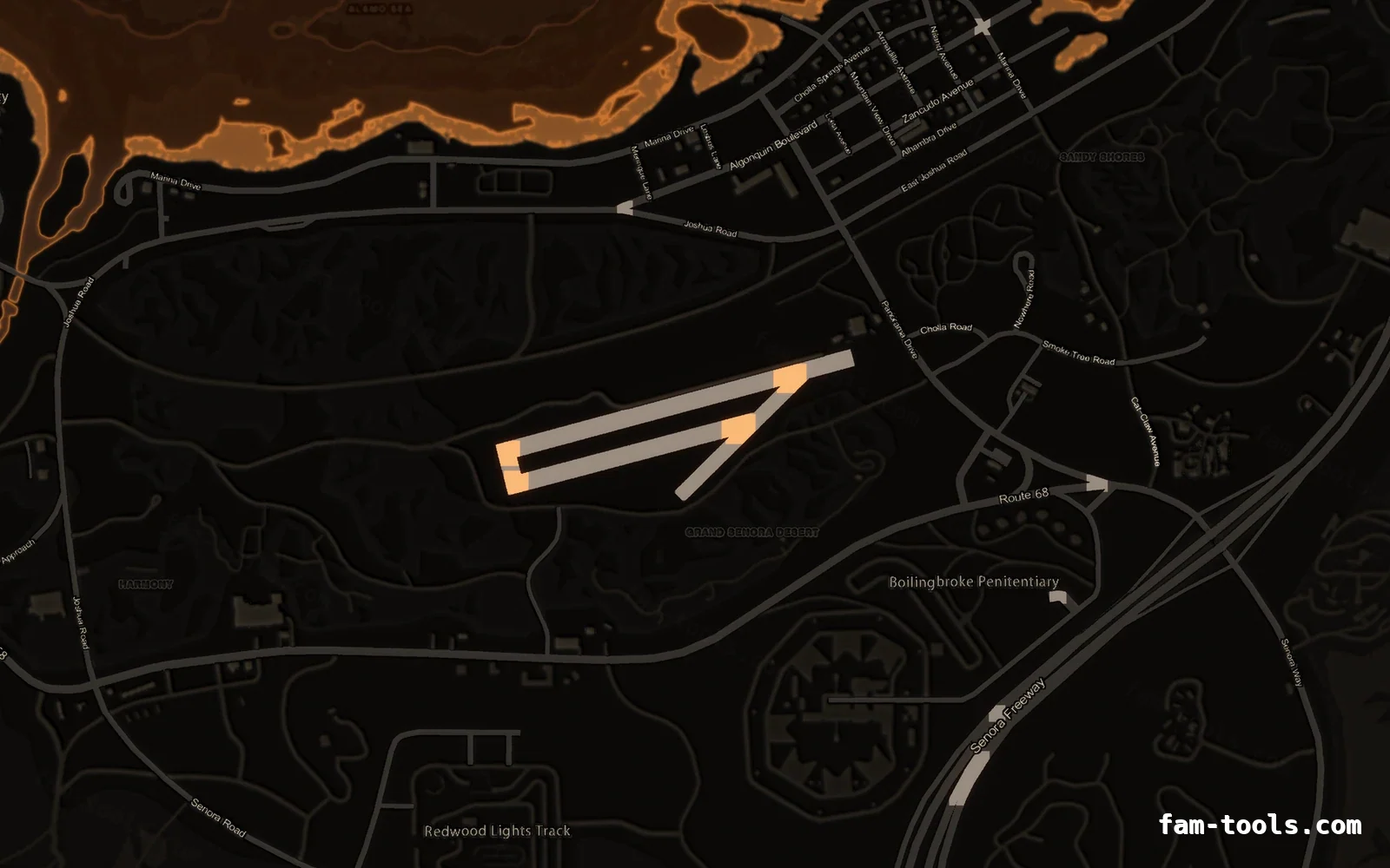 Orange EMBER FiveM-compatible minimap for GTA 5 — without postal codes — showing Sandy Shores and the desert