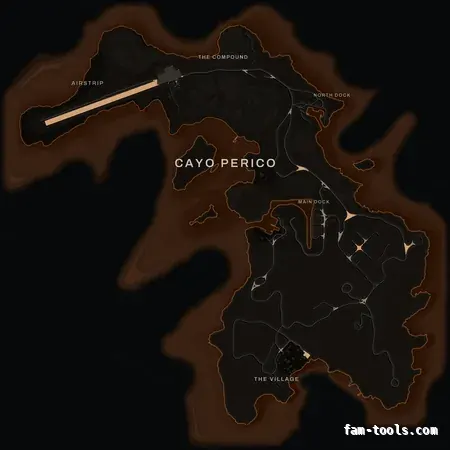 Orange EMBER Cayo Perico FiveM-compatible minimap for GTA 5 — optional island add-on in the same palette, with postal codes