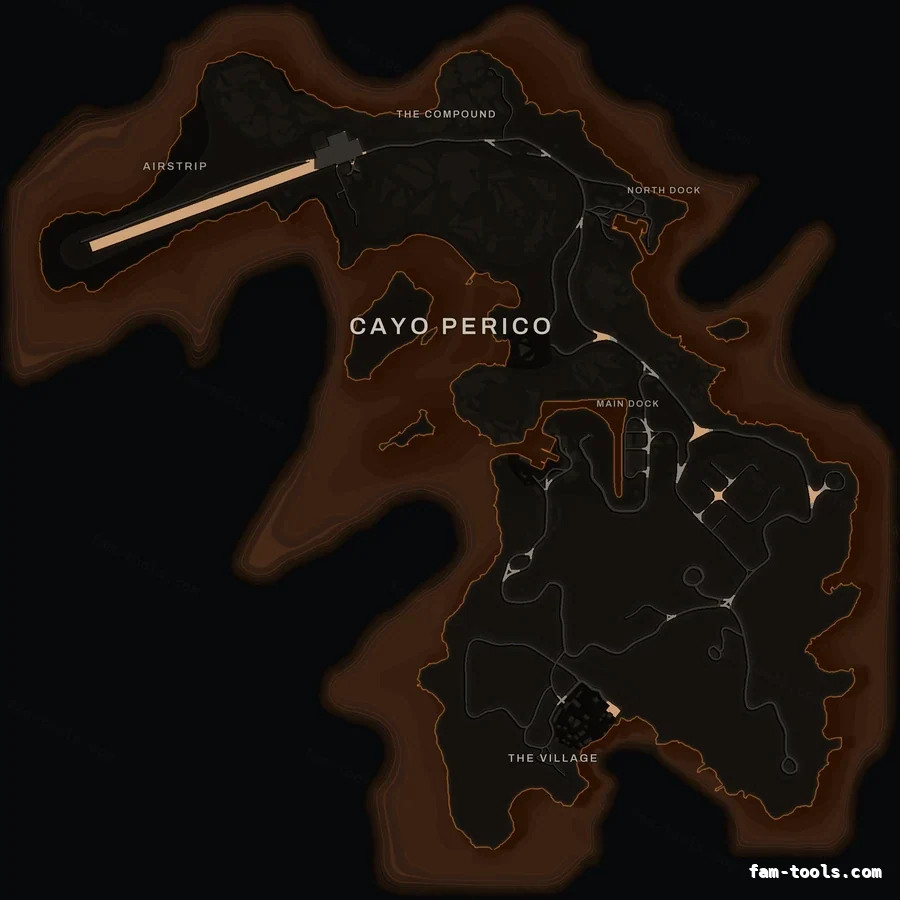 Orange EMBER Cayo Perico FiveM-compatible minimap for GTA 5 — optional island add-on in the same palette, with postal codes