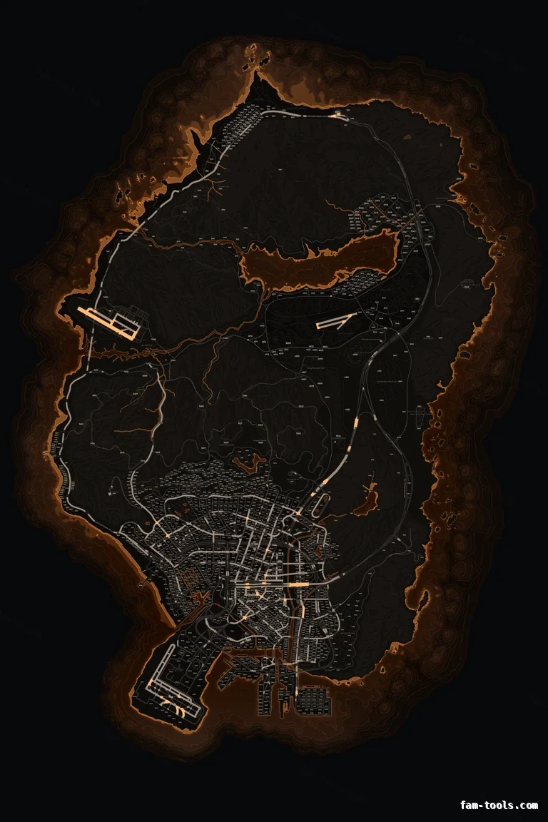 Orange EMBER FiveM-compatible minimap for GTA 5 — with postal codes — showing the whole Los Santos and Blaine County map