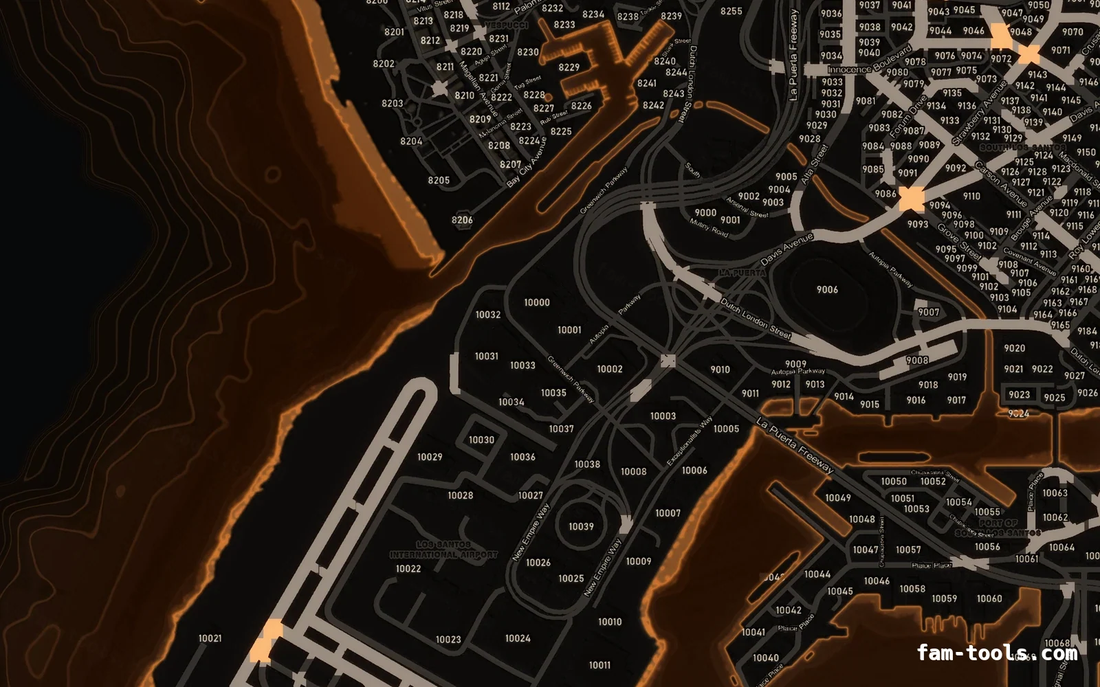 Orange EMBER FiveM-compatible minimap for GTA 5 — with postal codes — showing the harbour and industrial docks