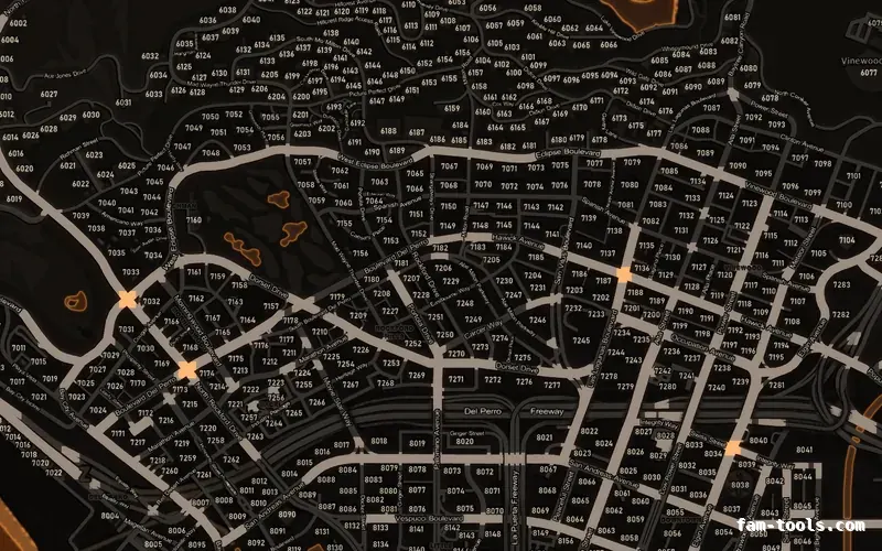 Orange EMBER FiveM-compatible minimap for GTA 5 — with postal codes — showing Los Santos street detail