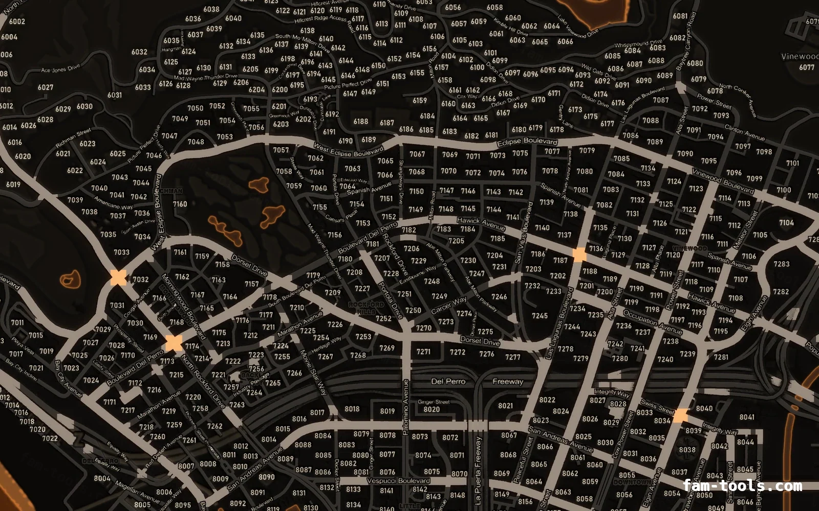 Orange EMBER FiveM-compatible minimap for GTA 5 — with postal codes — showing Los Santos street detail