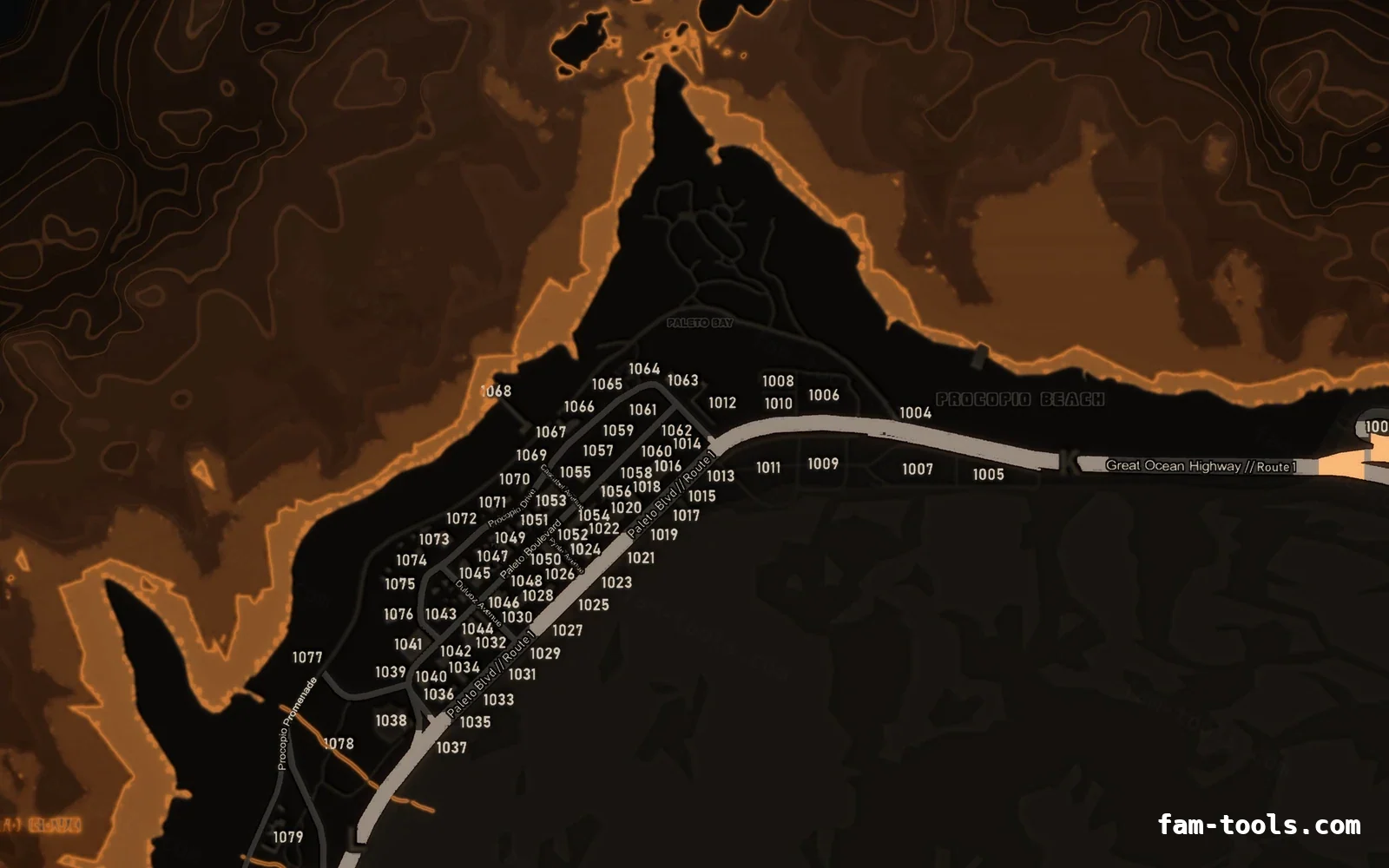 Orange EMBER FiveM-compatible minimap for GTA 5 — with postal codes — showing Paleto Bay and Mount Chiliad
