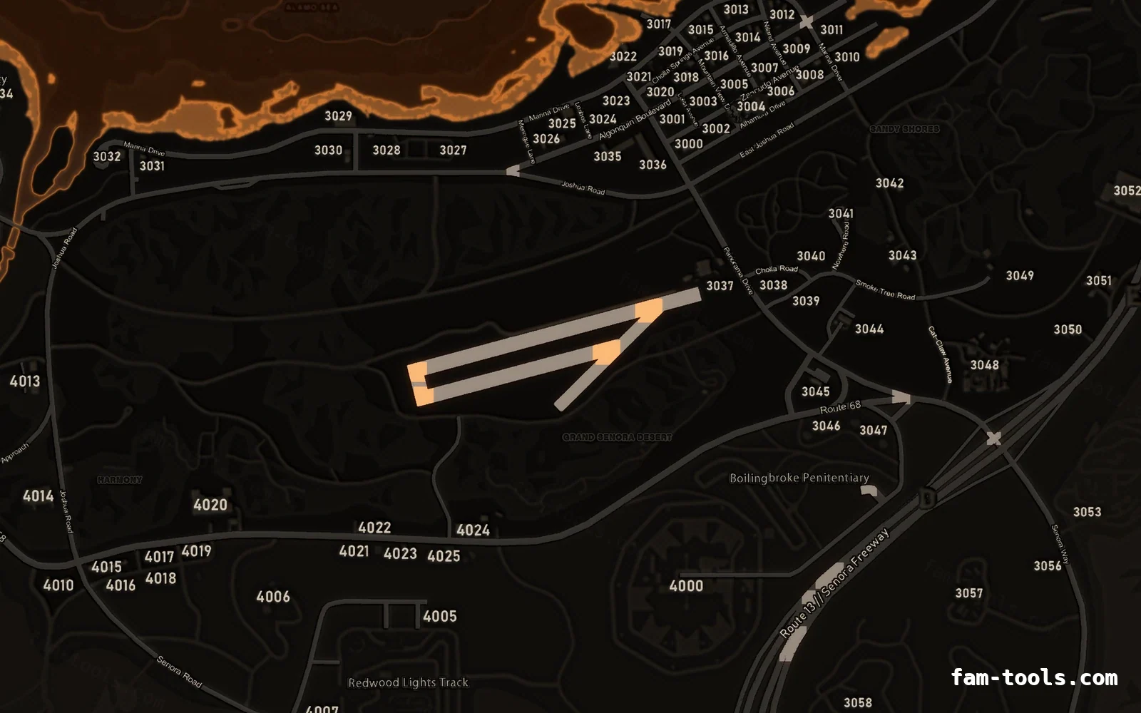 Orange EMBER FiveM-compatible minimap for GTA 5 — with postal codes — showing Sandy Shores and the desert