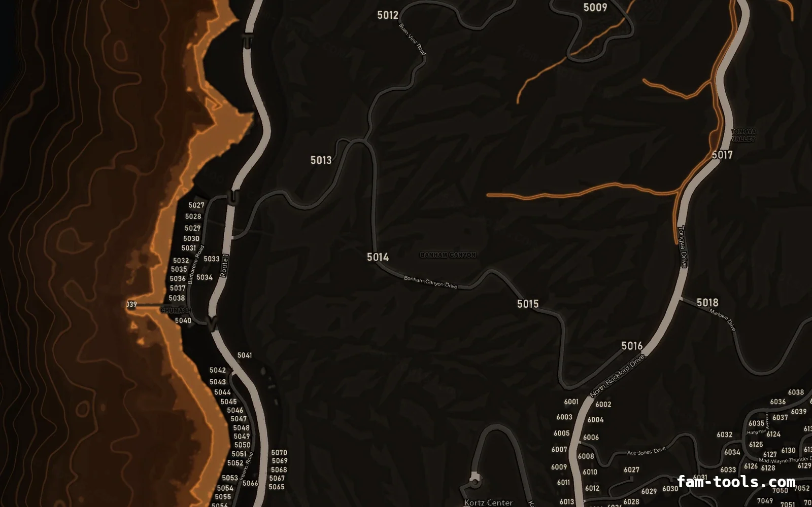 Orange EMBER FiveM-compatible minimap for GTA 5 — with postal codes — showing the west coast and depth contours