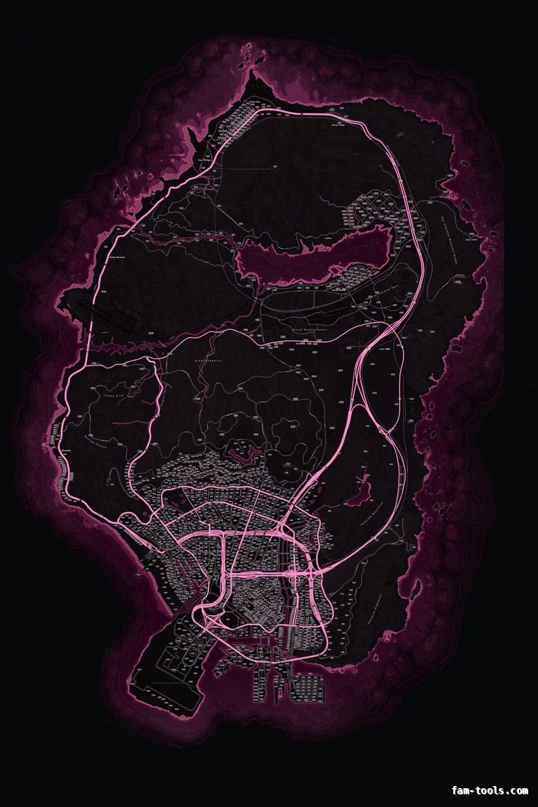 Pink MAGENTA FiveM-compatible minimap for GTA 5 — google style — showing the whole Los Santos and Blaine County map