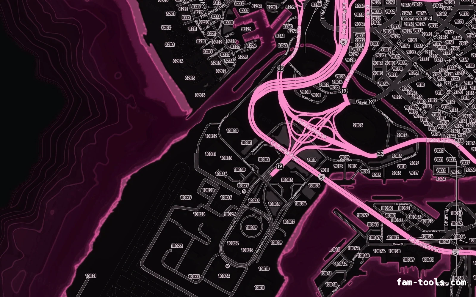 Pink MAGENTA FiveM-compatible minimap for GTA 5 — google style — showing the harbour and industrial docks