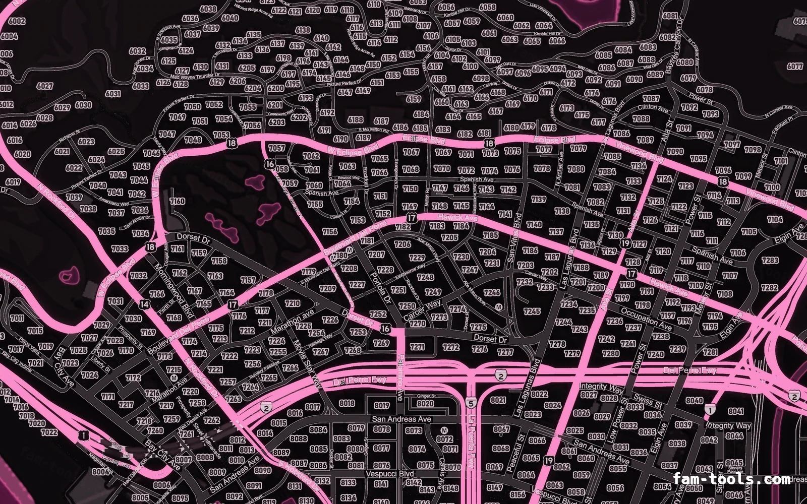 Pink MAGENTA FiveM-compatible minimap for GTA 5 — google style — showing Los Santos street detail