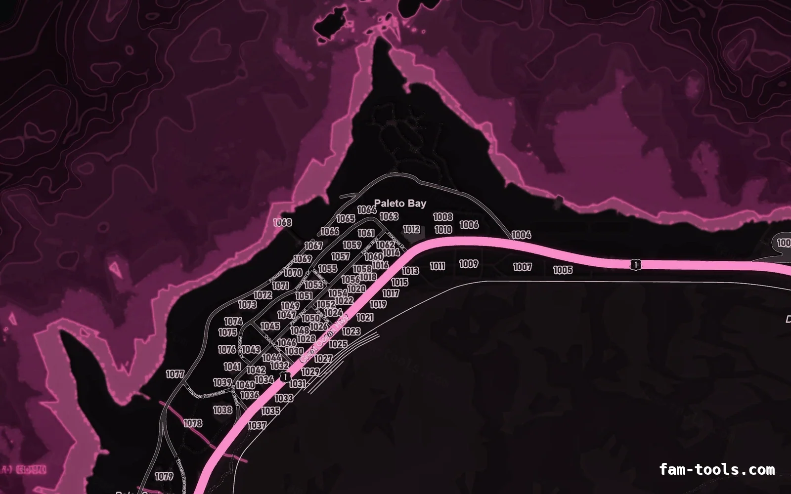 Pink MAGENTA FiveM-compatible minimap for GTA 5 — google style — showing Paleto Bay and Mount Chiliad