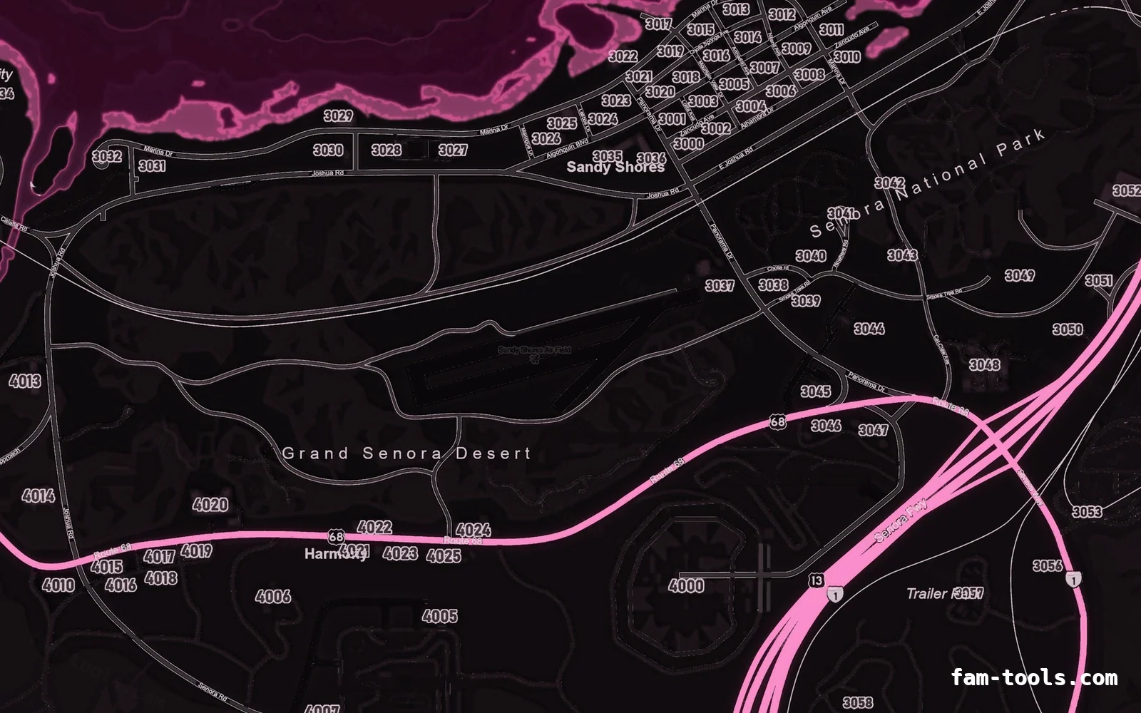 Pink MAGENTA FiveM-compatible minimap for GTA 5 — google style — showing Sandy Shores and the desert