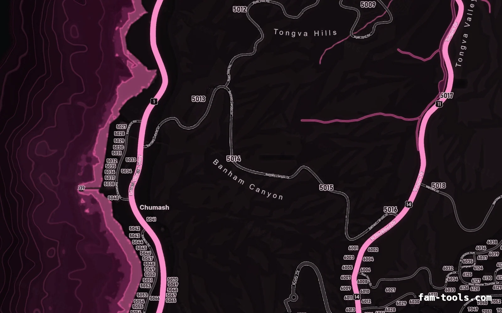 Pink MAGENTA FiveM-compatible minimap for GTA 5 — google style — showing the west coast and depth contours