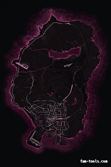 Pink MAGENTA FiveM-compatible minimap for GTA 5 — without postal codes — showing the whole Los Santos and Blaine County map