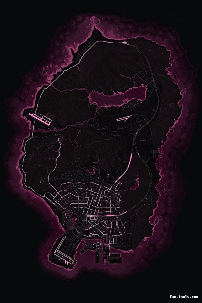 Pink MAGENTA FiveM-compatible minimap for GTA 5 — without postal codes — showing the whole Los Santos and Blaine County map