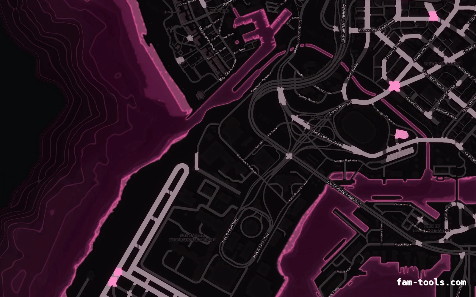 Pink MAGENTA FiveM-compatible minimap for GTA 5 — without postal codes — showing the harbour and industrial docks