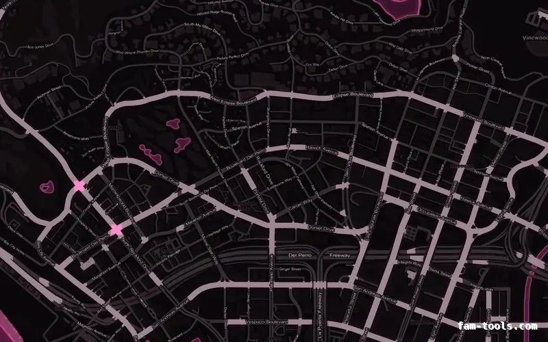 Pink MAGENTA FiveM-compatible minimap for GTA 5 — without postal codes — showing Los Santos street detail