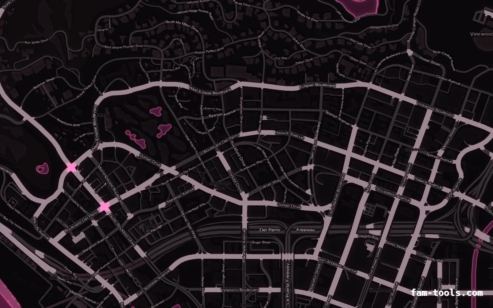 Pink MAGENTA FiveM-compatible minimap for GTA 5 — without postal codes — showing Los Santos street detail