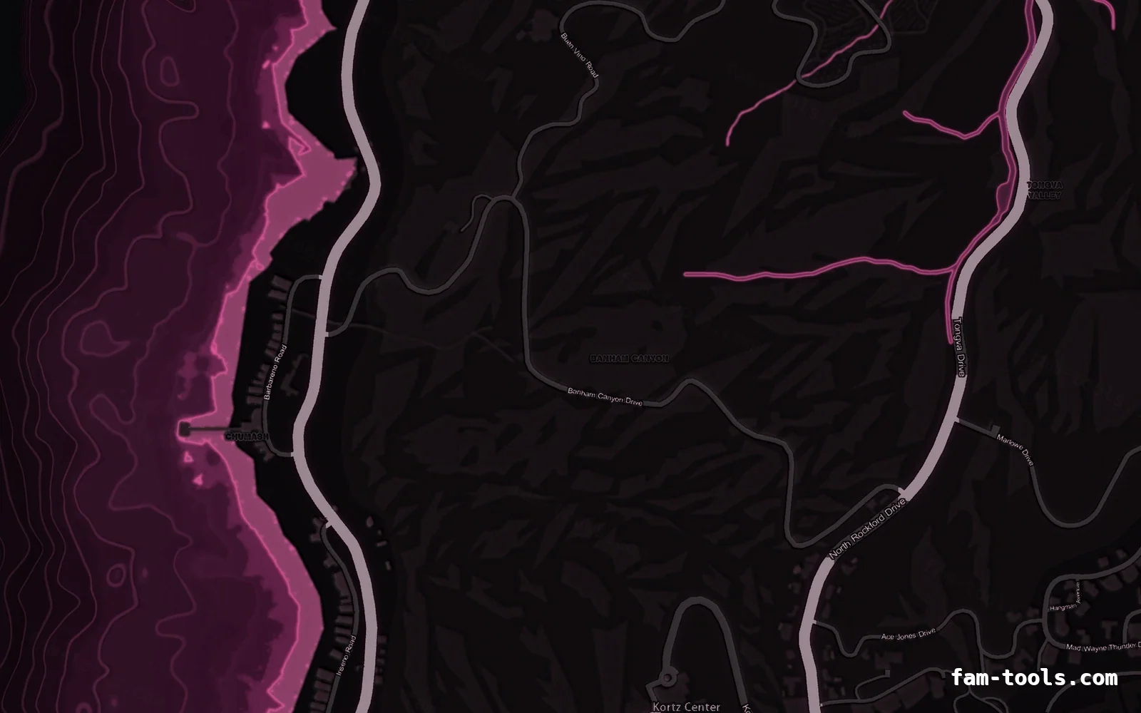 Pink MAGENTA FiveM-compatible minimap for GTA 5 — without postal codes — showing the west coast and depth contours