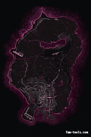 Pink MAGENTA FiveM-compatible minimap for GTA 5 — with postal codes — showing the whole Los Santos and Blaine County map