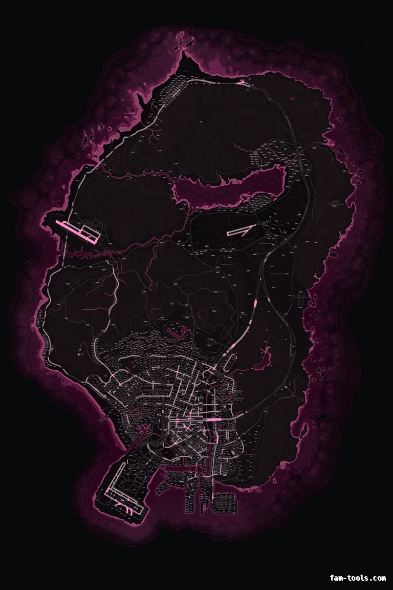Pink MAGENTA FiveM-compatible minimap for GTA 5 — with postal codes — showing the whole Los Santos and Blaine County map