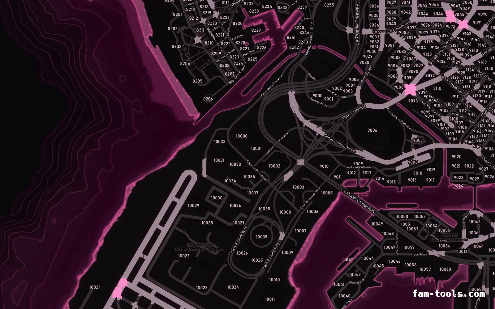 Pink minimap — Harbour Pink MAGENTA FiveM-compatible minimap for GTA 5 — with postal codes — showing the harbour and industrial docks