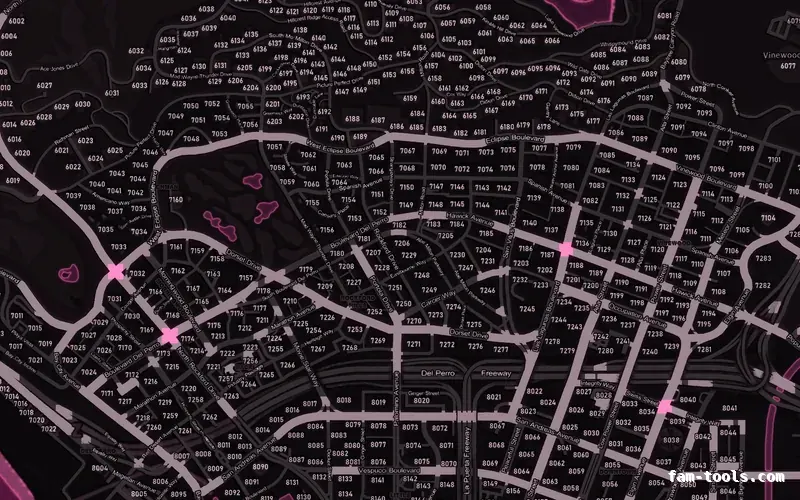Pink MAGENTA FiveM-compatible minimap for GTA 5 — with postal codes — showing Los Santos street detail