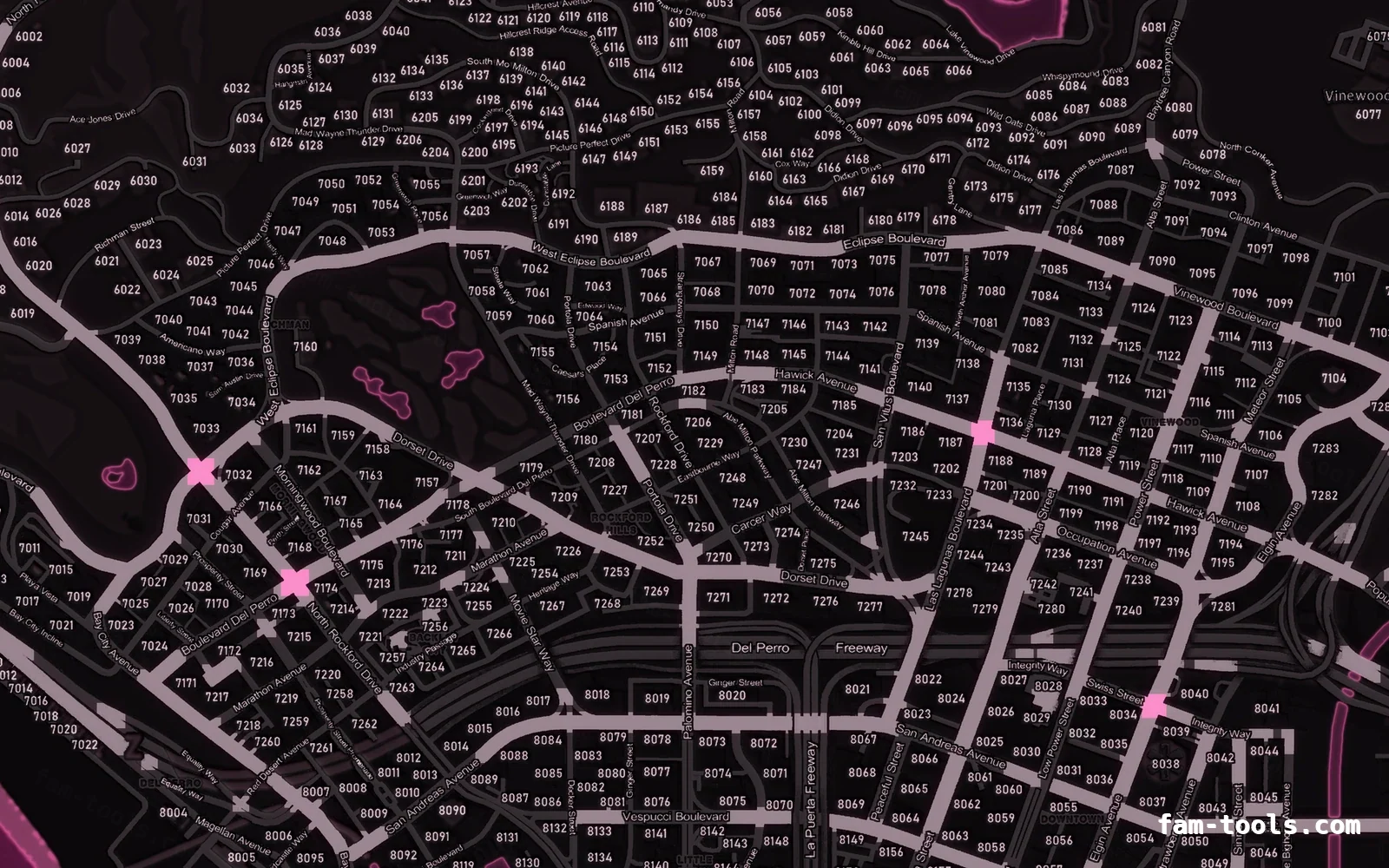Pink minimap — Vinewood Pink MAGENTA FiveM-compatible minimap for GTA 5 — with postal codes — showing Los Santos street detail