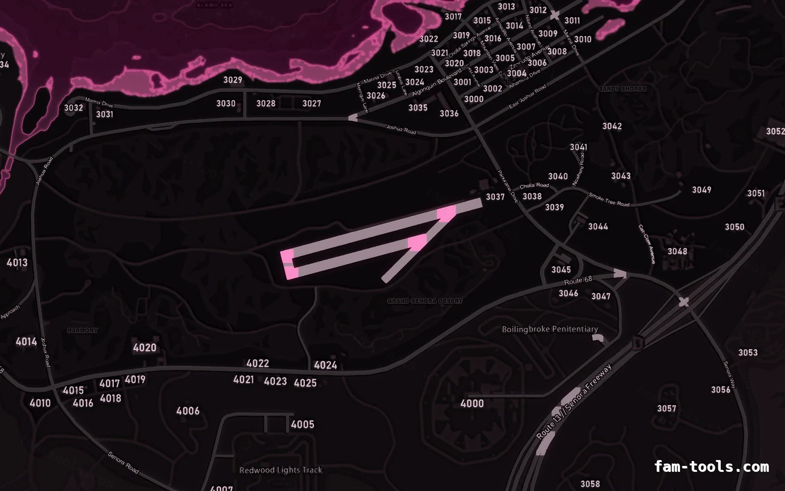 Pink minimap — Sandy Shores Pink MAGENTA FiveM-compatible minimap for GTA 5 — with postal codes — showing Sandy Shores and the desert