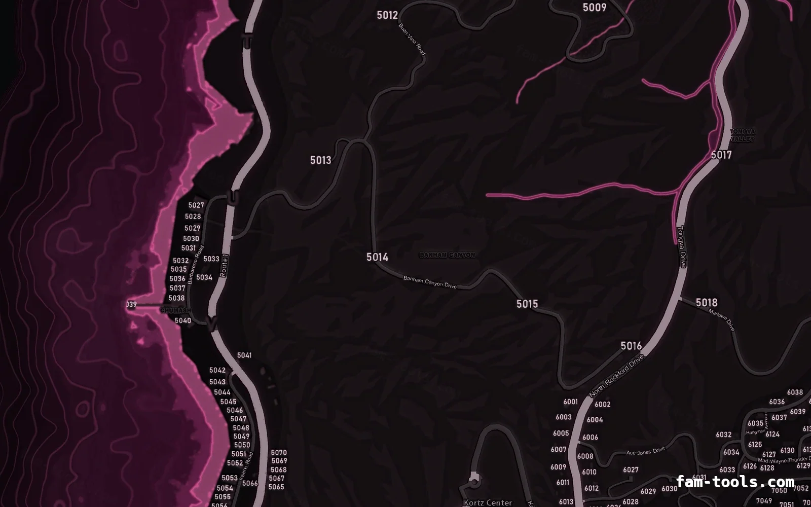 Pink minimap — West coast Pink MAGENTA FiveM-compatible minimap for GTA 5 — with postal codes — showing the west coast and depth contours