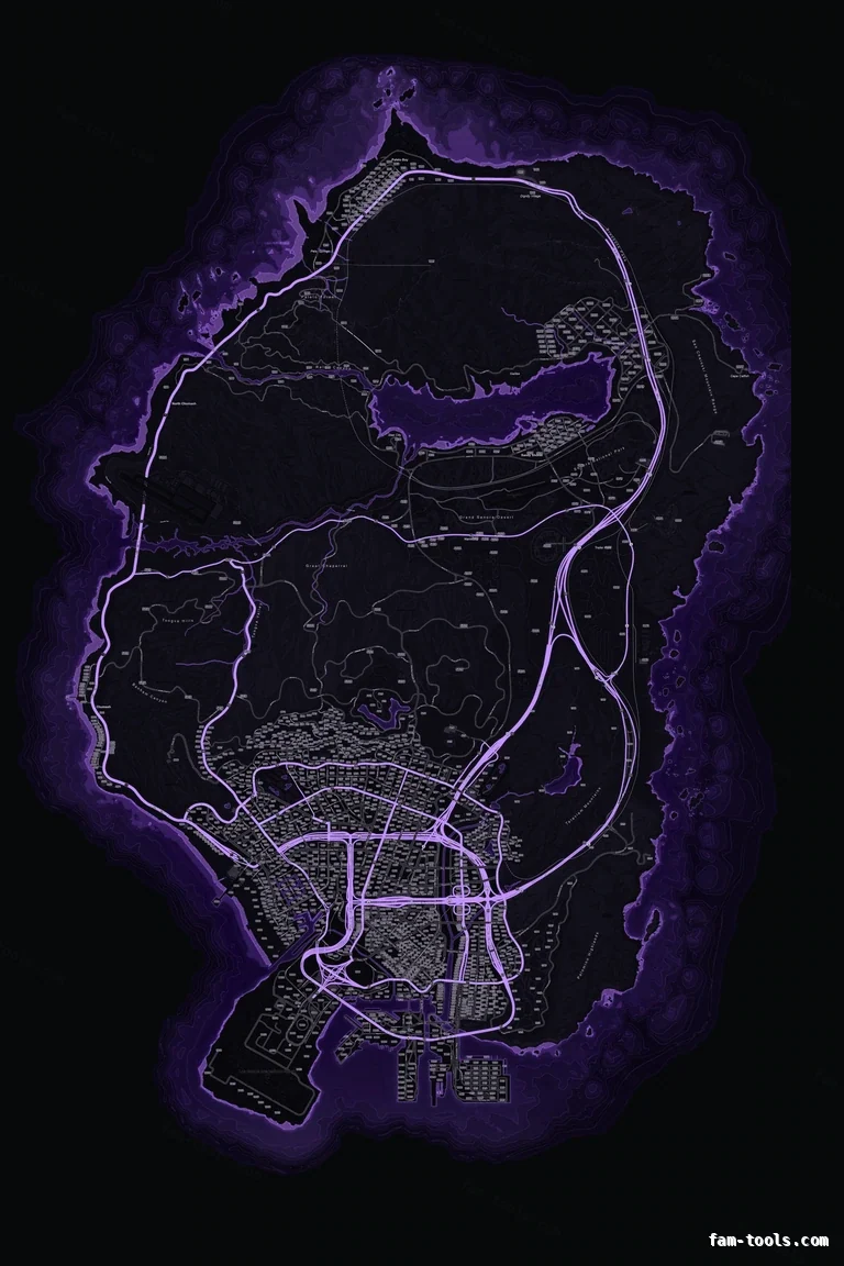Purple VIOLET FiveM-compatible minimap for GTA 5 — google style — showing the whole Los Santos and Blaine County map