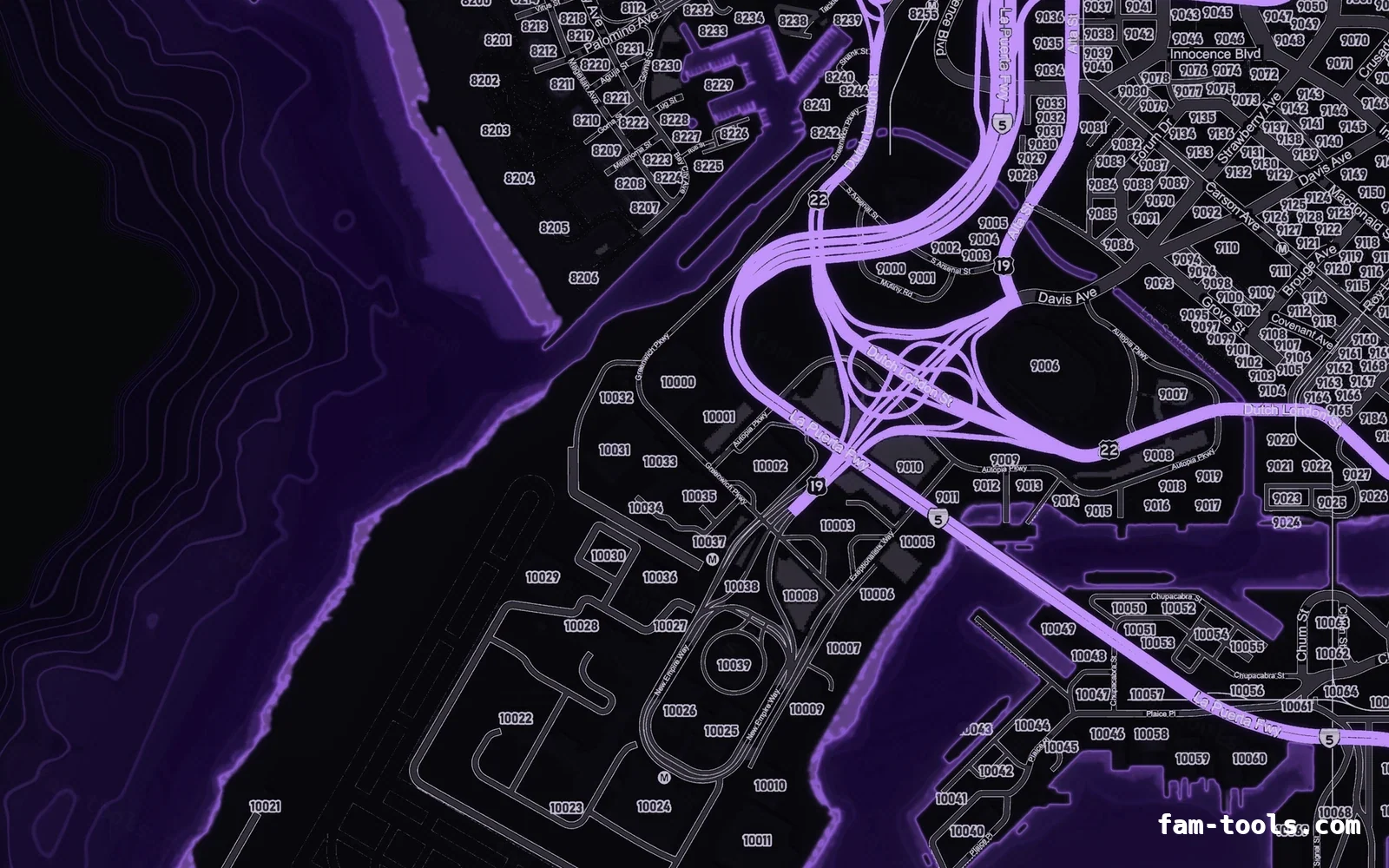 Purple minimap — Harbour Purple VIOLET FiveM-compatible minimap for GTA 5 — google style — showing the harbour and industrial docks