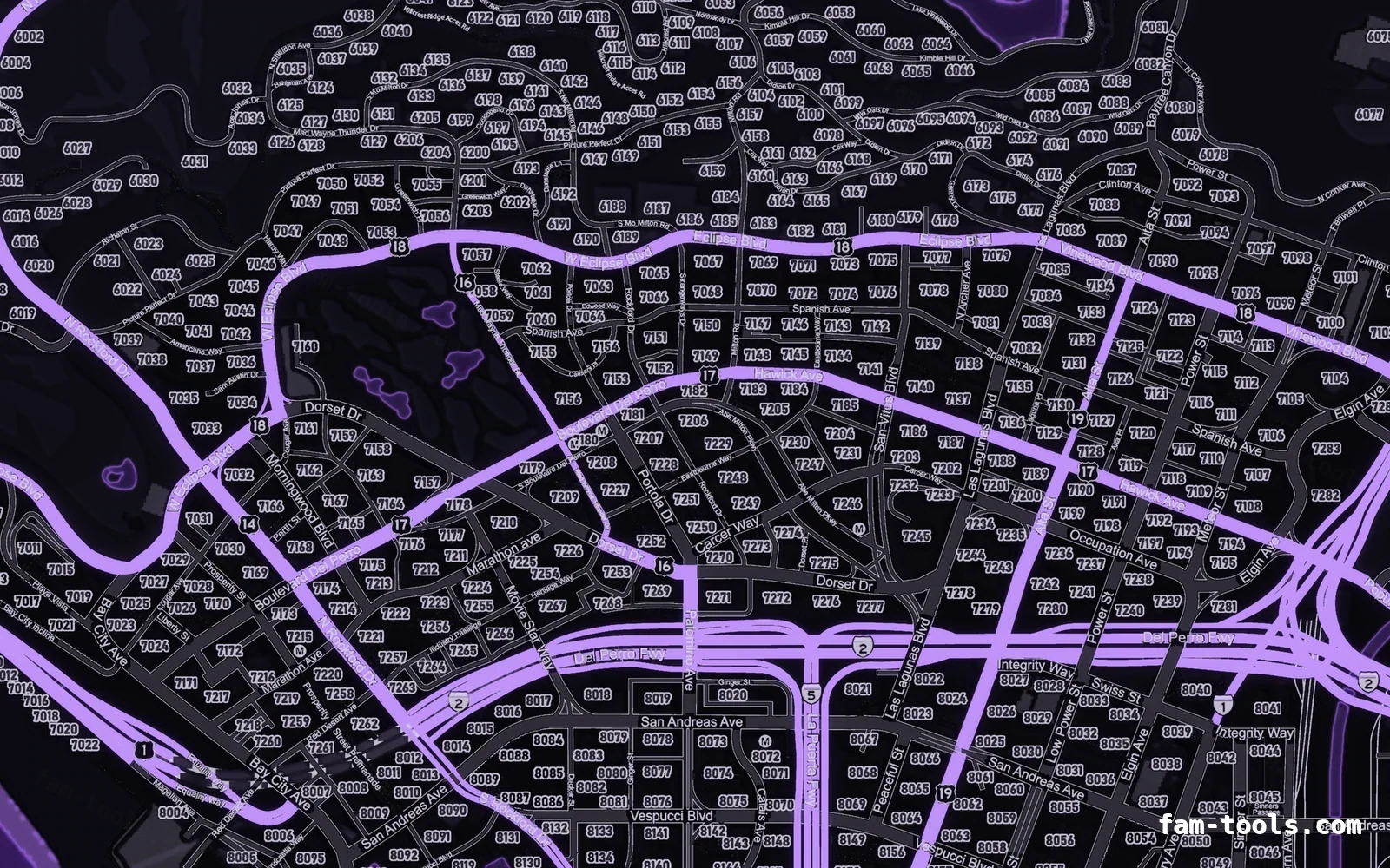 Purple minimap — Vinewood Purple VIOLET FiveM-compatible minimap for GTA 5 — google style — showing Los Santos street detail