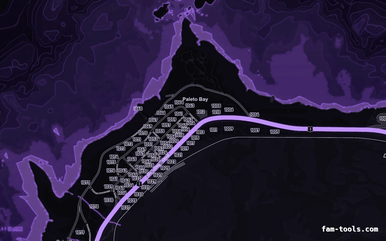 Purple minimap — Paleto Bay Purple VIOLET FiveM-compatible minimap for GTA 5 — google style — showing Paleto Bay and Mount Chiliad