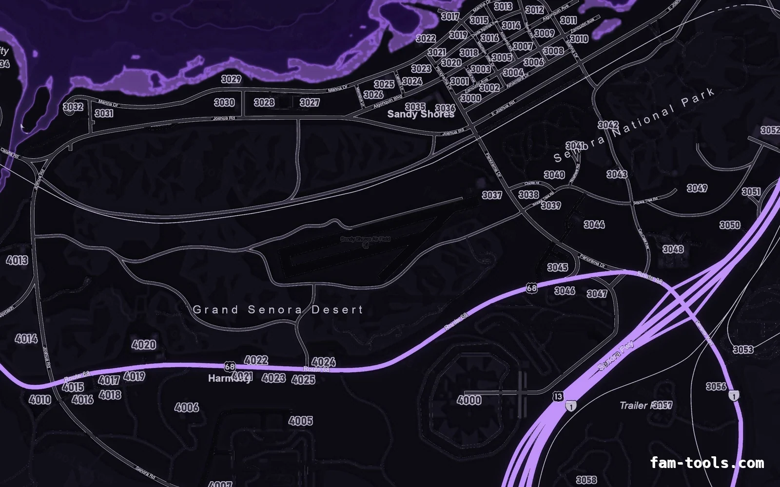 Purple minimap — Sandy Shores Purple VIOLET FiveM-compatible minimap for GTA 5 — google style — showing Sandy Shores and the desert