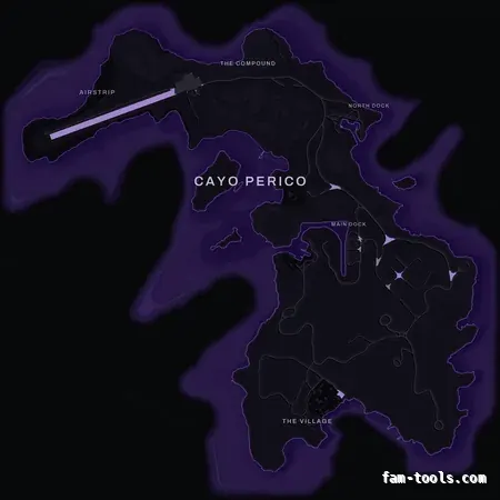 Purple VIOLET Cayo Perico FiveM-compatible minimap for GTA 5 — optional island add-on in the same palette, without postal codes