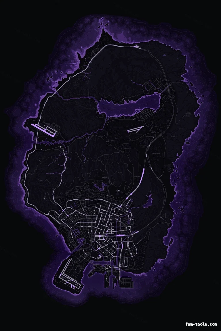 Purple VIOLET FiveM-compatible minimap for GTA 5 — without postal codes — showing the whole Los Santos and Blaine County map