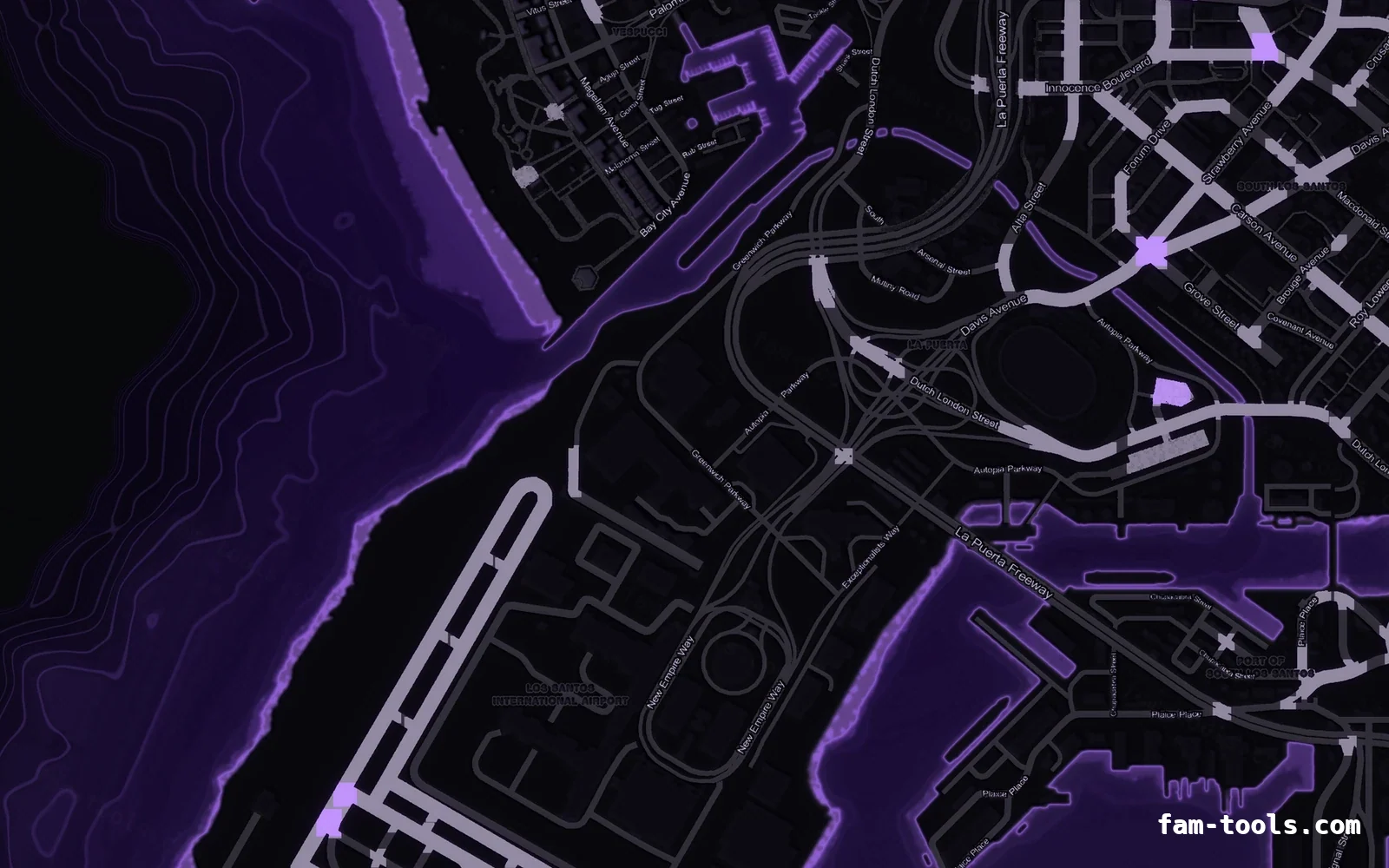 Purple VIOLET FiveM-compatible minimap for GTA 5 — without postal codes — showing the harbour and industrial docks