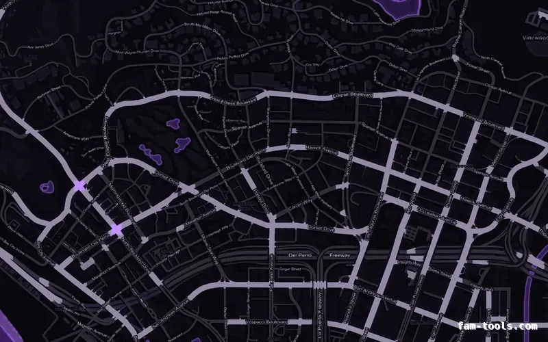 Purple VIOLET FiveM-compatible minimap for GTA 5 — without postal codes — showing Los Santos street detail
