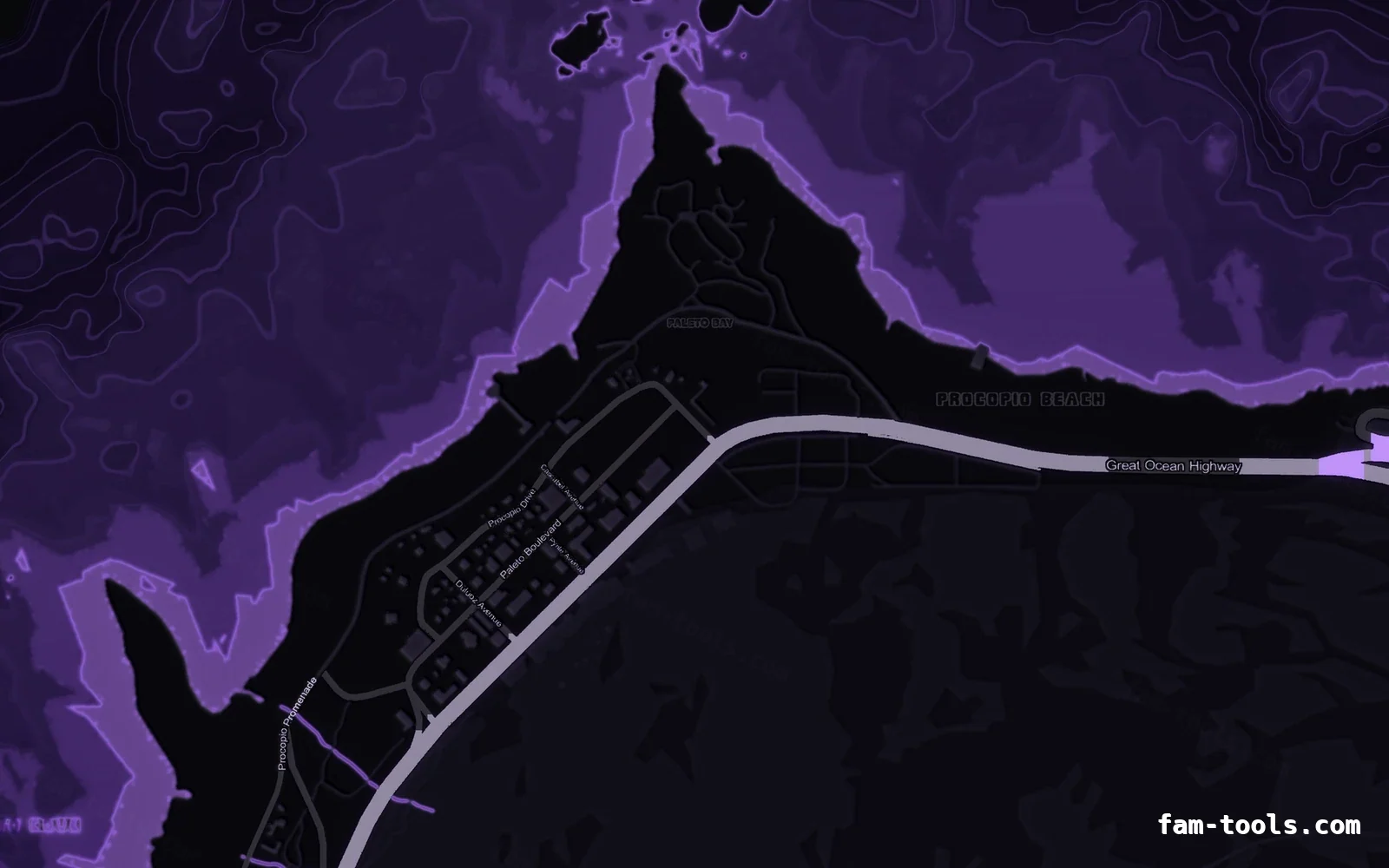 Purple VIOLET FiveM-compatible minimap for GTA 5 — without postal codes — showing Paleto Bay and Mount Chiliad