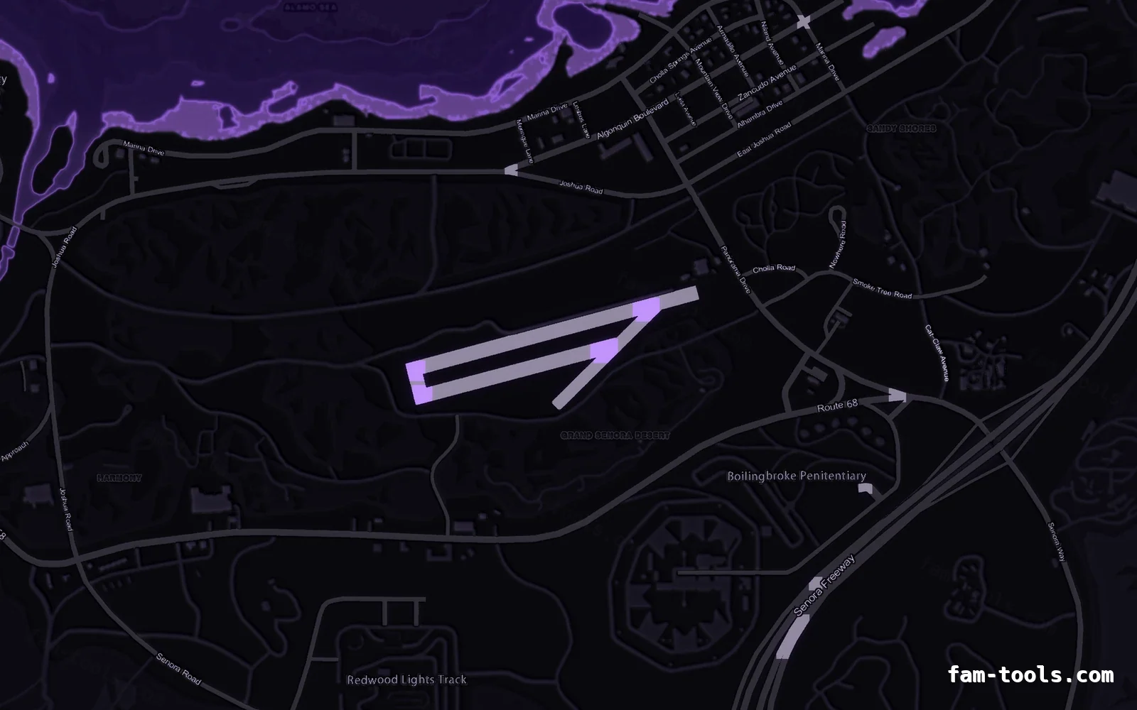 Purple VIOLET FiveM-compatible minimap for GTA 5 — without postal codes — showing Sandy Shores and the desert