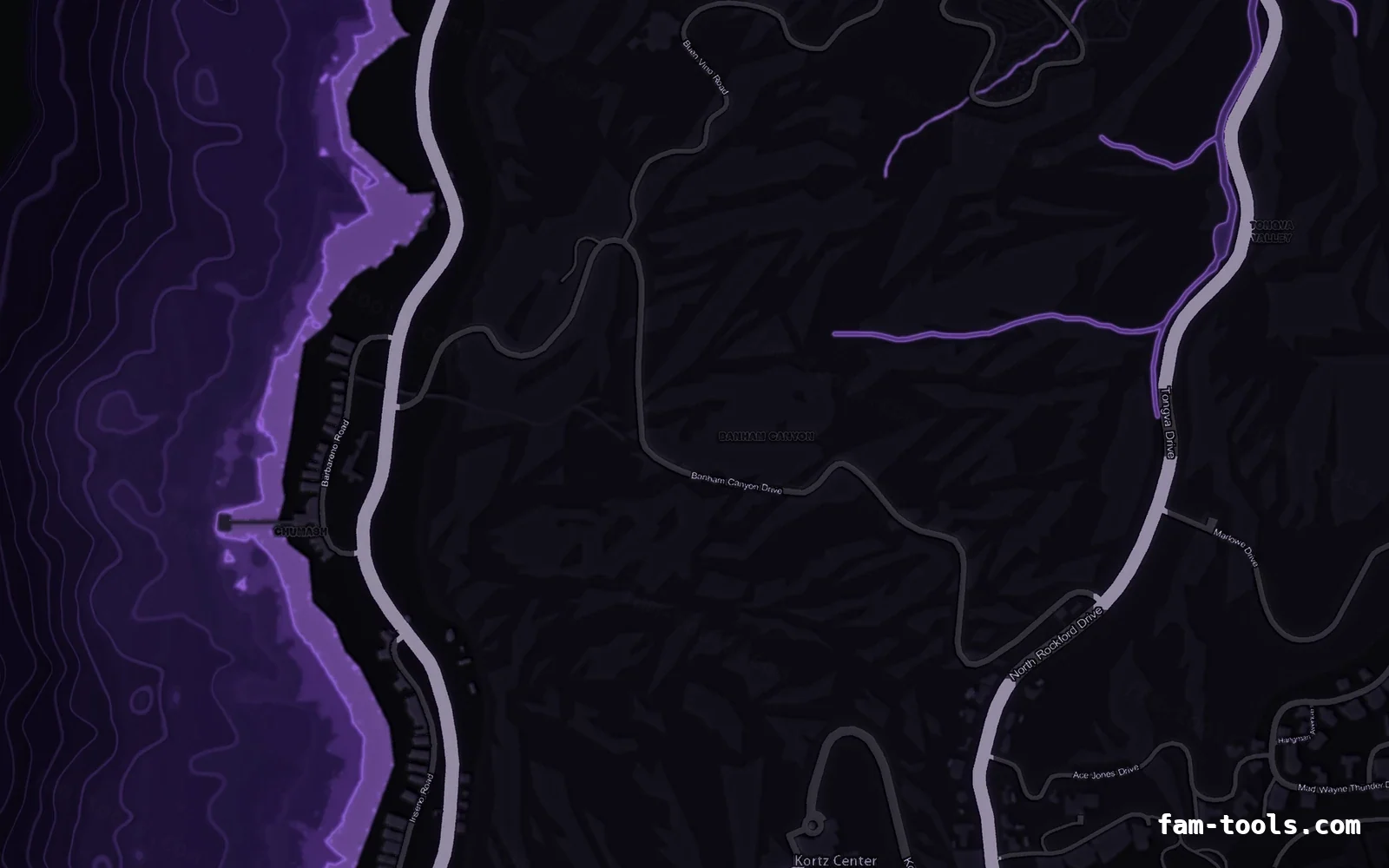 Purple VIOLET FiveM-compatible minimap for GTA 5 — without postal codes — showing the west coast and depth contours