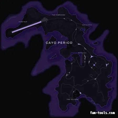 Purple VIOLET Cayo Perico FiveM-compatible minimap for GTA 5 — optional island add-on in the same palette, with postal codes