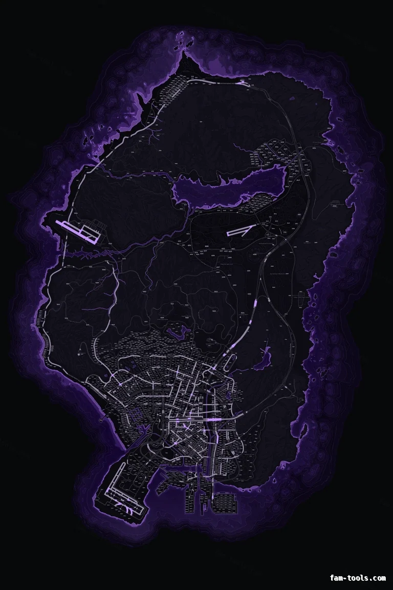 Purple VIOLET FiveM-compatible minimap for GTA 5 — with postal codes — showing the whole Los Santos and Blaine County map